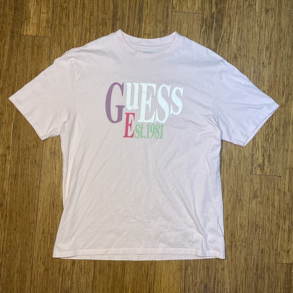Vintage Guess Spellout T Shirt Mens Medium Pink American Tradition Originals Y2K - Picture 1 of 6